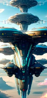 Futuristic space station with a sci-fi design against a cosmic background.