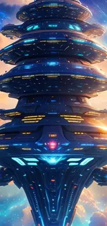 Futuristic space station against a vivid cosmic sky background.
