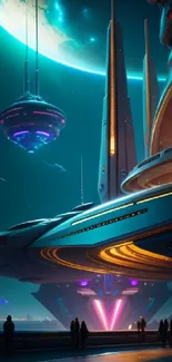 Futuristic space station with neon lights and spaceships, set against a cosmic backdrop.