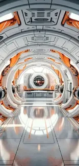 Futuristic space station corridor with orange accents.