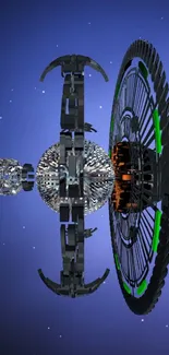 Futuristic space station with dark blue cosmic background.