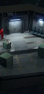 Futuristic space station with astronaut in red suit, dark gray interior.