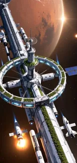 Futuristic space station orbiting a distant planet with vibrant cosmos.