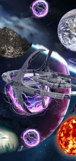 Futuristic space station with planets and cosmic elements in deep space.