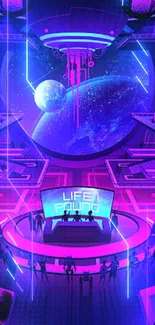 Futuristic space station wallpaper with neon lights and cosmic view.