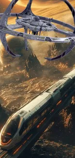 Futuristic space station over alien terrain with train in sci-fi setting.