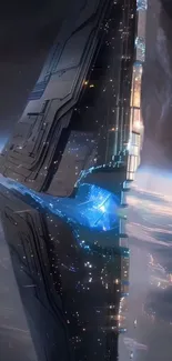 Futuristic space station with a cosmic backdrop and blue accents.