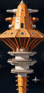 Futuristic orange space tower against a starry backdrop.