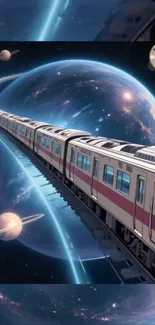 Futuristic train traveling through space with planets in the background.