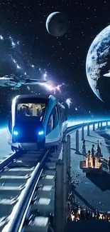 Futuristic train traveling through outer space with planets and stars.