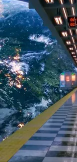 Futuristic space train station with Earth view.