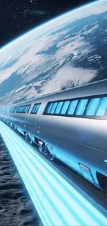 Futuristic train speeding through space with Earth in the background.
