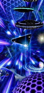 Futuristic space travel wallpaper with vibrant cosmic elements and spaceships.