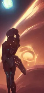 Futuristic figure gazing at glowing planet in space-themed mobile wallpaper.