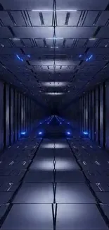 Futuristic metallic tunnel with blue lighting effect.