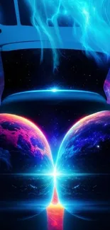 Futuristic space wallpaper with luminous planets and neon colors.