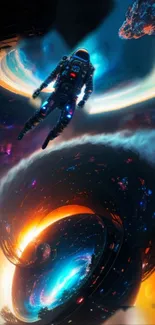 Astronaut exploring vibrant cosmic vortex in futuristic space scene wallpaper.