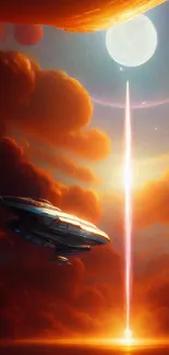 Futuristic wallpaper featuring a spaceship amid glowing orange clouds and full moon.