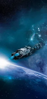 Futuristic spaceship travels through a blue galaxy with stars.