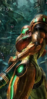 Futuristic space warrior in alien forest with green armor and glowing elements.