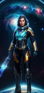 Futuristic female warrior in space with galaxy backdrop.