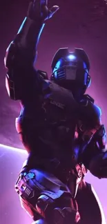 Futuristic space warrior with neon purple glow wallpaper.