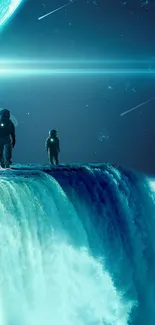 Astronauts explore a waterfall under vibrant space skies.