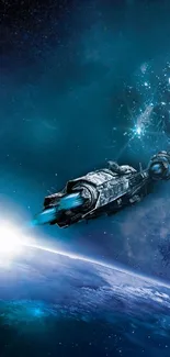 Futuristic spacecraft cruising through a vibrant galaxy in a space-themed wallpaper.