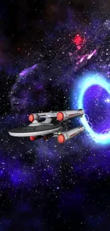 Futuristic spacecraft entering a vibrant galaxy portal.