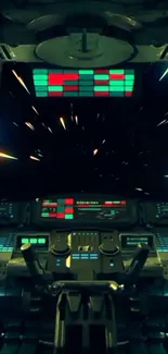 Futuristic spacecraft cockpit with stellar view.