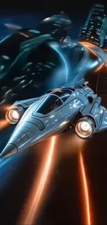 Sleek spacecraft flying through neon cityscape.