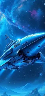 Futuristic spaceship soaring in vibrant galaxy.