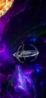 Futuristic spaceship navigating through a vibrant purple nebula.