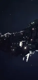 Futuristic spaceship in dark starry space.