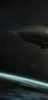 Futuristic spaceship hovering above Earth in deep space.