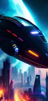 Futuristic spacecraft flying above a vibrant sci-fi city.