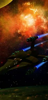 Futuristic spaceship flying through a vibrant nebula in space.