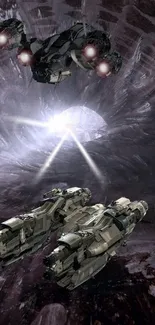 Futuristic spaceships exploring a large cosmic tunnel.