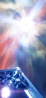 Spaceship flying through colorful galaxy