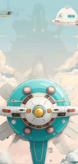 Futuristic spaceship soaring through pastel skies.