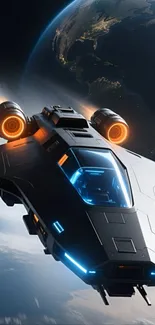 Futuristic spaceship flying in outer space with Earth in the background.