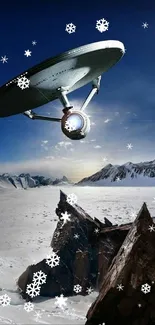 Futuristic spaceship flying over snowy mountains in a sci-fi scene.