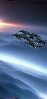 Futuristic spaceship flying over misty mountains at sunrise.