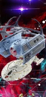 Futuristic starship battle with vivid colors and detailed spaceships in space.