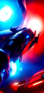 Futuristic spaceship battle in vibrant red and blue hues on a digital wallpaper.