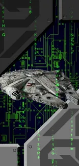 Futuristic spaceship with circuit design wallpaper, perfect for tech enthusiasts.