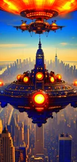 Futuristic spaceship hovering over cityscape with glowing orange lights.