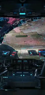 Futuristic spaceship cockpit with neon lights.