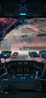 Futuristic spaceship cockpit with an interstellar view.