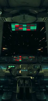 Futuristic spaceship cockpit with control panels and lights.